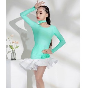 Mint with white latin dance dresses for girls kids irregular ruffles lace skirts ballroom salsa rumba chacha dancing costumes for children